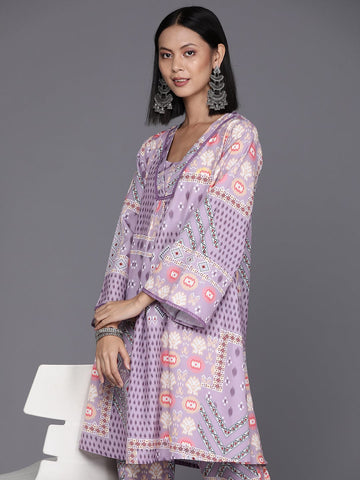 Varanga Women Lavender Abstract Printed V-Neck A-Line Kurta Paired With Tonal Bottom